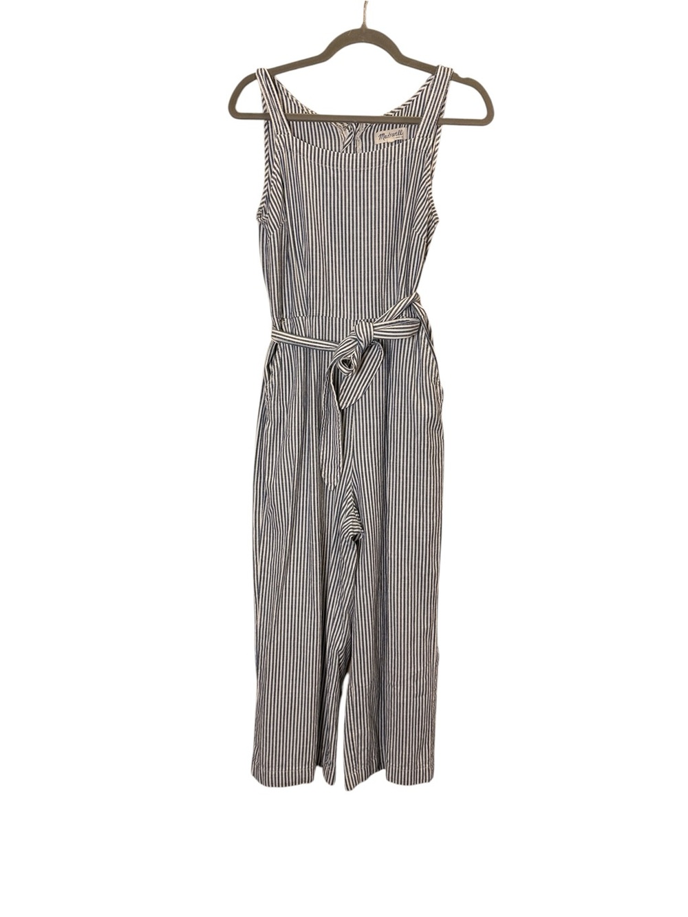 Madewell Navy and White Striped Cotton Tie-Waist Sleeveless Wide Leg Jumpsuit 6